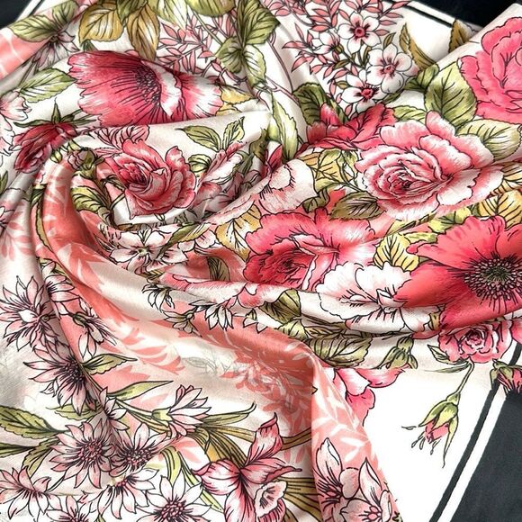 Floral Square Scarf Silky Chiffon Pink Ivory Black Trim Hand Rolled - Picture 2 of 13